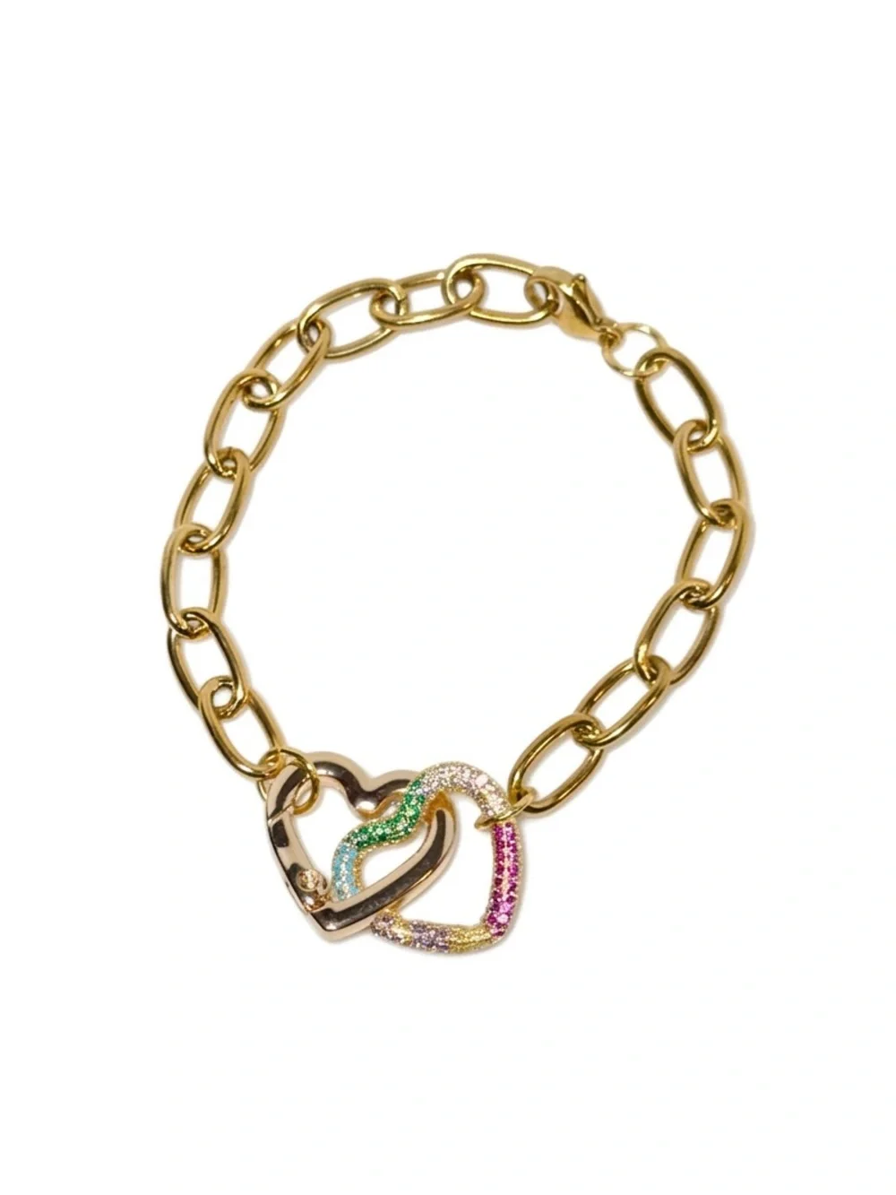 Gold Heart Link Bracelet with Zircon Accents